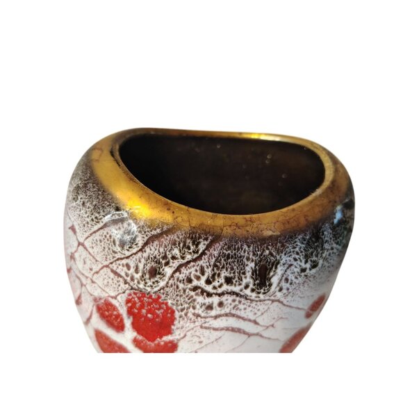 Vintage West German Lava Pottery Vase Planter, Red White Splatter Gold Trim MCM - Picture 4 of 7